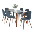 Folia Pebble Mid-Century Modern Dining Set in Walnut Wood, Clear Tempered Glass, Walnut Metal and Blue Fabric- 7 Piece — product view