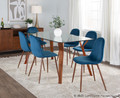 Folia table set in Walnut Wood, Clear Glass, Walnut Metal, Blue Velvet, featuring velvet design and glass design