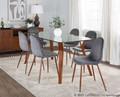 Folia table set in Walnut Wood, Clear Glass, Walnut Metal, Grey Velvet, featuring velvet design and glass design