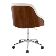 Bacci office chair in Chrome Metal, Walnut Wood, Cream Fabric, back and side view, featuring swivel and adjustable height