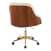 Bacci office chair in Gold Metal, Walnut Wood, Cream PU, back and side view, featuring swivel and adjustable height