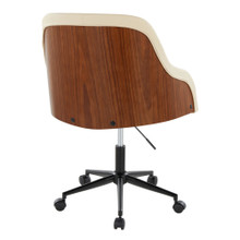 Bacci office chair in Black Metal, Walnut Wood, Cream PU, back and side view, featuring swivel and adjustable height