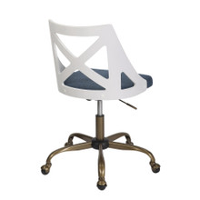 Charlotte accent chair in Antique Copper Metal, White Textured Wood, Blue Fabric, back and side view, featuring swivel and adjustable height