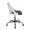 Charlotte accent chair in Antique Copper Metal, White Textured Wood, Blue Fabric, side view, featuring swivel and adjustable height