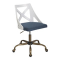Charlotte Farmhouse Swivel Accent Chair in Antique Copper Metal, White Textured Wood, and Blue Fabric — product view