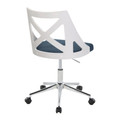 Charlotte office chair in Chrome Metal, White Textured Wood, Blue Fabric, back and side view, featuring swivel and adjustable height