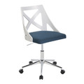 Charlotte Farmhouse Office Chair in Chrome Metal, White Textured Wood, and Blue Fabric — product view