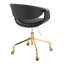 Curvo office furniture in Gold Metal, Black PU, back and side view, featuring swivel and adjustable height