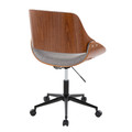Fabrizzi office chair in Black Metal, Walnut Wood, Grey Fabric, back and side view, featuring swivel and adjustable height