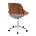 Fabrizzi office chair in Chrome Metal, Walnut Wood, Grey Fabric, back and side view, featuring swivel and adjustable height