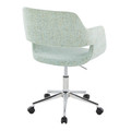 Margarite office furniture in Chrome Metal, Light Green Fabric, back and side view, featuring swivel and upholstered seat