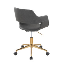 Margarite office furniture in Gold Metal, Grey PU, back and side view, featuring swivel and upholstered seat