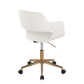 Margarite office furniture in Gold Metal, White PU, back and side view, featuring swivel and upholstered seat