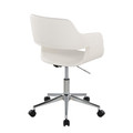 Margarite office furniture in Chrome Metal, White PU, back and side view, featuring swivel and upholstered seat