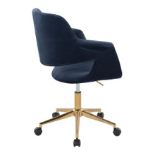 Vintage Flair office chair in Gold Metal, Blue Velvet, back and side view, featuring swivel and upholstered seat