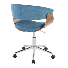 Vintage Mod office chair in Chrome Metal, Walnut Wood, Blue Fabric, back and side view, featuring swivel and upholstered seat