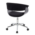 Vintage Mod office chair in Chrome Metal, Black Wood, Black Velvet, back and side view, featuring swivel and upholstered seat