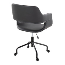 Margarite office chair in Black Metal, Black PU, back and side view, featuring swivel and upholstered seat