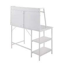 Geo desk in White Steel, White MDF, back and side view, featuring storage