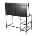 Geo desk in Black Metal, Clear Glass, back and side view, featuring storage and glass top