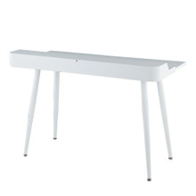 Harvey desk in White Steel, White Wood, Natural Wood, back and side view, featuring storage
