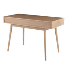 Pebble desk in Natural Wood, White Wood, back and side view, featuring storage