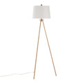 Tripod floor lamp in Gold Metal, White Linen, side view, featuring metal design