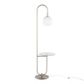 Trombone floor lamp in Nickel Metal, Clear Glass, White Plastic, side view, featuring glass design