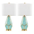 Geo Rain Glass 25" Contemporary/Glam Table Lamp in Gold Metal with Turquoise Glass and White Linen Shade- Set of 2 — pair view