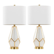 Geo Rain Glass 25" Table Lamp in Gold Metal and White Glass with White Linen Shade- Set of 2 — pair view
