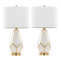 Geo Rain Glass 25" Table Lamp in Gold Metal and White Glass with White Linen Shade- Set of 2 — pair view