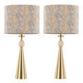 Cone Travertine 27" Contemporary/Glam Table Lamp in Gold Metal Base with Travertine Stone and Tan Leaf Fabric Shade- Set of 2 — pair view