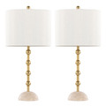 Malibu 27" Contemporary/Glam Table Lamp in Travertine Base with Gold Metal and Off-white Shimmer Fabric Shade- Set of 2 — pair view