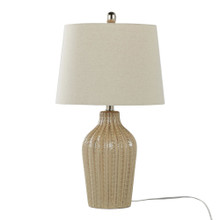 Rockwell table in Cuban Sand Ceramic, Polished Nickel, Natural Linen, product view