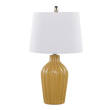 Rockwell table in Glossy Misted Yellow Ceramic, Polished Nickel, White Linen, product view