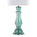 Bishop table in Clear Angel Blue Seeded Glass, Polished Nickel, White Linen, close-up detail, featuring glass design