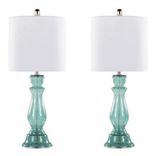 Bishop 25" Contemporary Glass Table Lamp in Clear Angel Blue Seeded Glass, Polished Nickel and White Linen Shade From Grandview Gallery- Set of 2 — pair view