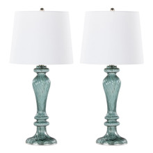 Windsor 25" Contemporary Glass Table Lamp in Clear Turquoise Glass with Off-white Linen Shade and Polished Nickel Accents From Grandview Gallery- Set of 2 — pair view