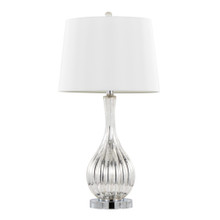 Jenny table in Silver Crackle Glass, Chrome Metal, White Linen, product view, featuring glass design and metal design