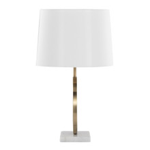 Moon table in White Marble, Gold Metal, White Linen, side view, featuring marble design and metal design