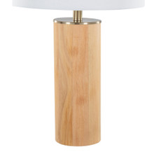 Cylinder table in Ash Wood, Antique Brass, White Linen, close-up detail, featuring wood design