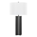 Cosmo table in Black Metal, White Linen, back and side view, featuring metal design