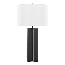 Cosmo table in Black Metal, White Linen, back and side view, featuring metal design