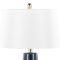 Penelope table in Dark Blue & Silver Ceramic Body, White Shade, close-up detail, featuring metal design and fabric design