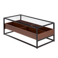 Display coffee table in Black Steel, Walnut Wood, Clear Glass, back and side view, featuring storage and glass top