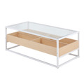 Display coffee table in White Steel, Natural Wood, Clear Glass, back and side view, featuring storage and glass top