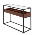 Display console table in Black Steel, Walnut Wood, Clear Glass, back and side view, featuring storage and glass top