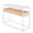 Display console table in White Steel, Natural Wood, Clear Glass, back and side view, featuring storage and glass top