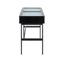 Emery console table in Black Steel, Black Wood, side view, featuring storage and glass top