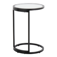 Zenn end table in Black Metal, Clear Glass, back and side view, featuring glass top